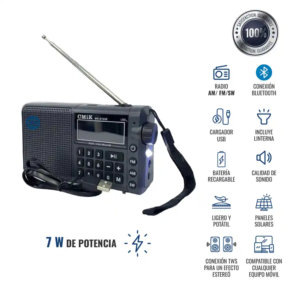 Radio Amfm Bluetooth Usb Panel Solar Recargable Aux Linterna