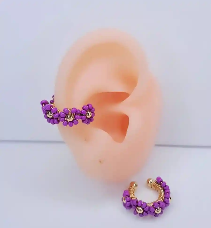 Earcuff Tejido Dorado Flores Moradas