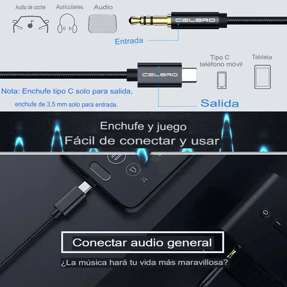 Cable De Audio Celbro Usb Tipo C A Auxiliar De 3,5mm De 1m