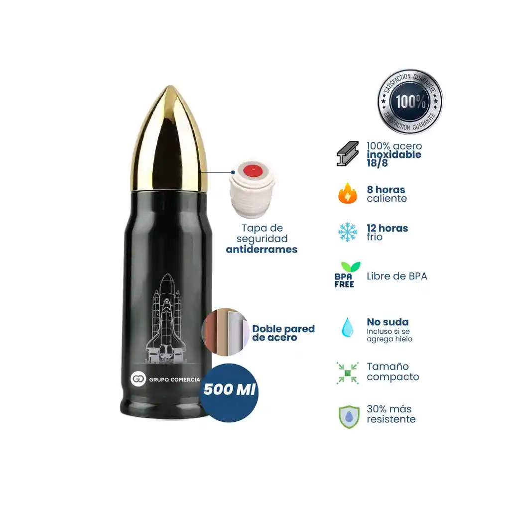 Termo Botella Térmica Acero Inoxidable Militar Bala 500ml