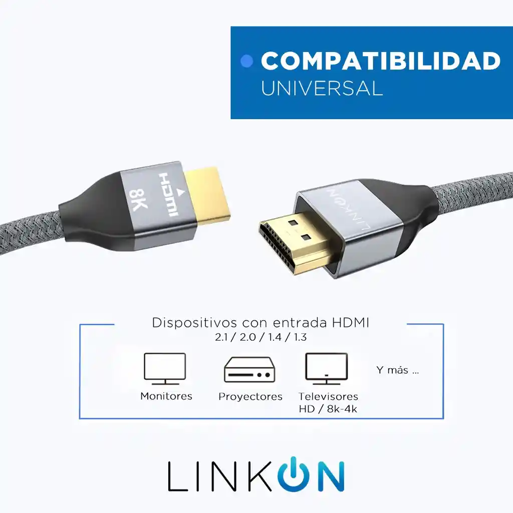 Cable Hdmi 8k @60hz, 4k@120hz 48gbps V2.1 Trenzado Oro 2mts