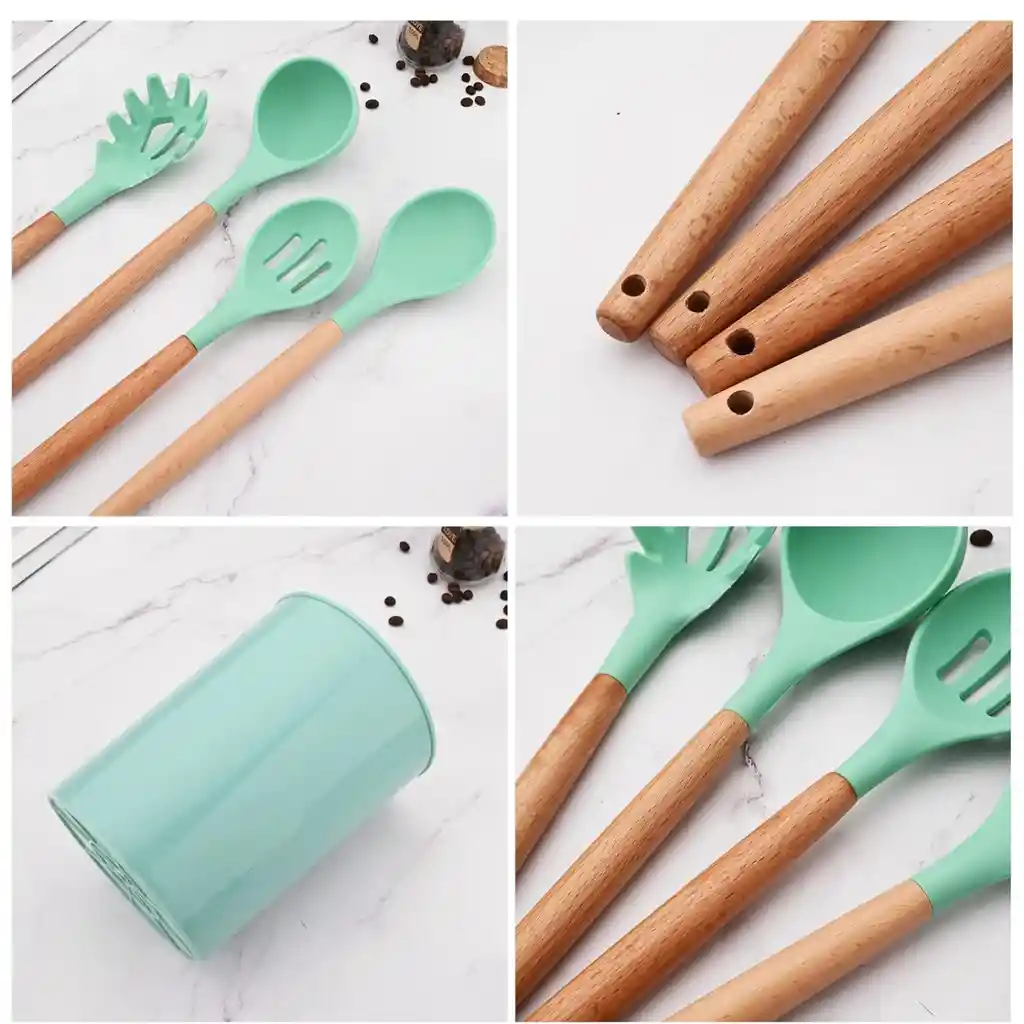 Juego De Utensilios De Cocina De Silicona Color Verde Menta