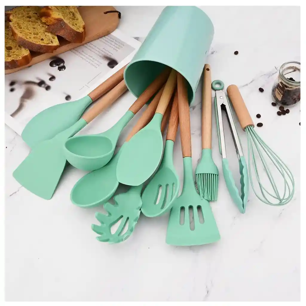 Juego De Utensilios De Cocina De Silicona Color Verde Menta