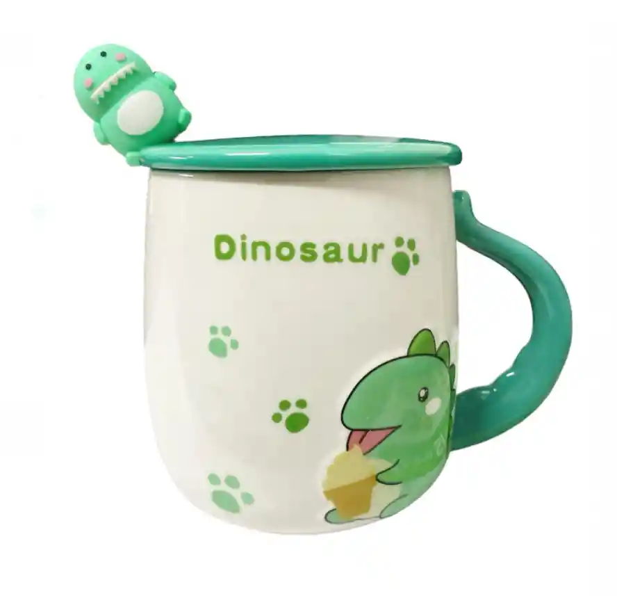 Vaso Ceramica Tapa Y Cuchara Motivo Dinosaurio Verde