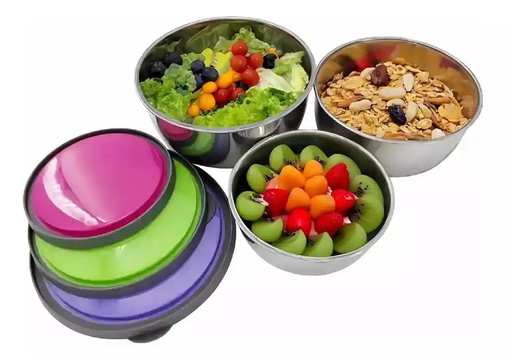 Set X3 Bowls Tazones Con Tapas Apilables En Acero Inoxidable