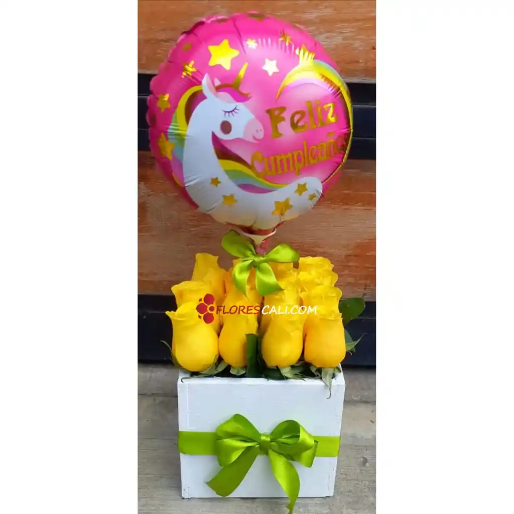 Cubo De Rosas Amarillas Con Globo