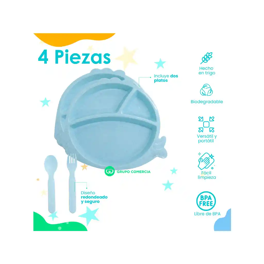 Kit Alimentación Bebe Niño Vajilla Plastico Libre De Bpa
