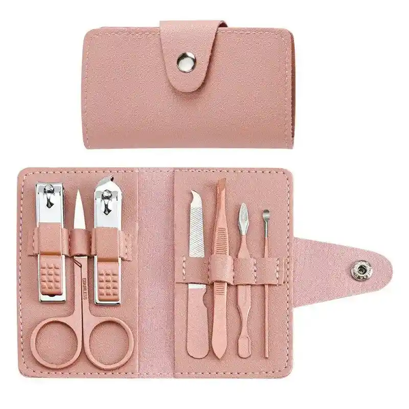 Estuche Kit Manicura Cortauñas Acero 7 Piezas +estuche Rosa