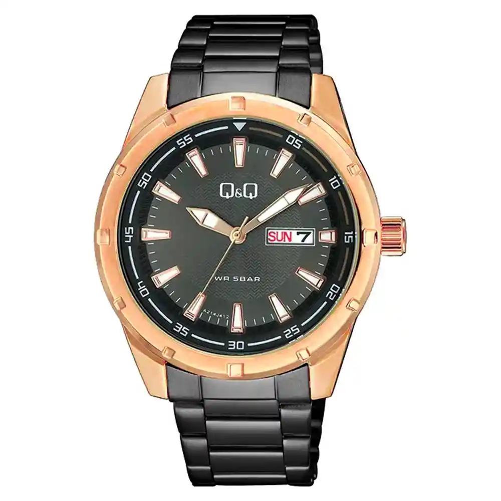 Reloj Qyq A214j412y Negro Pavonado Hombre Acero + Estuche