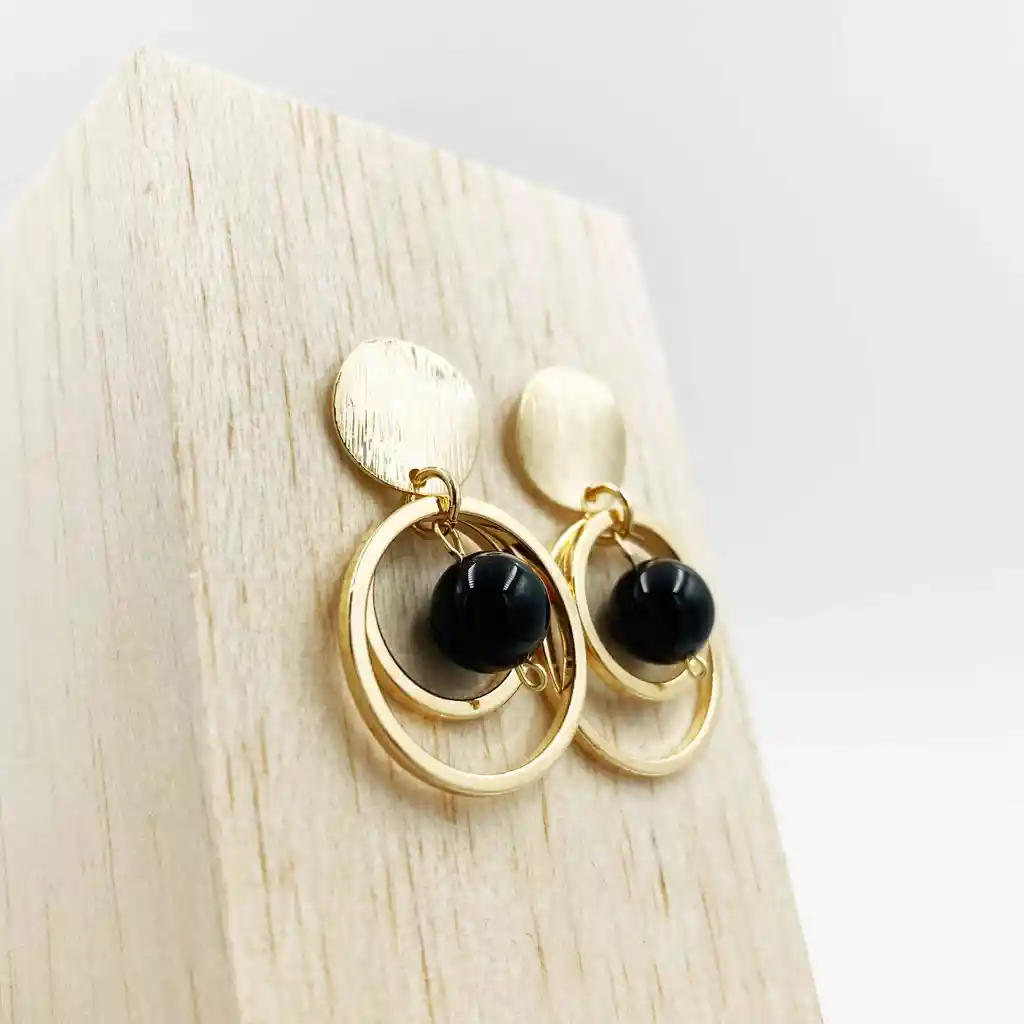 Aretes Argollas Dorados Obsidiana