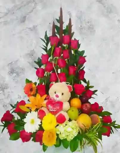 Ramo Floral Con Frutas Y Peluche