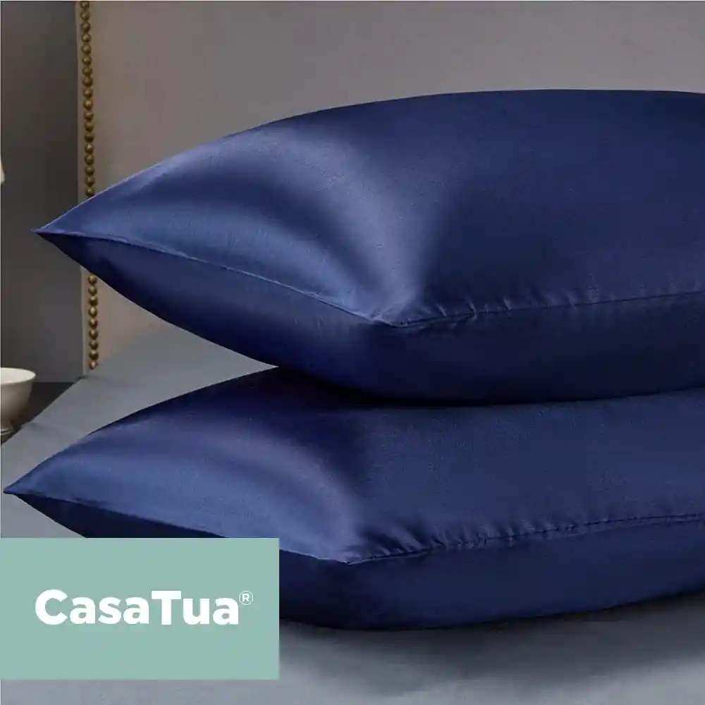 Funda Almohada Satin Tipo Seda 76x50cm Set X 2 Azul Marino