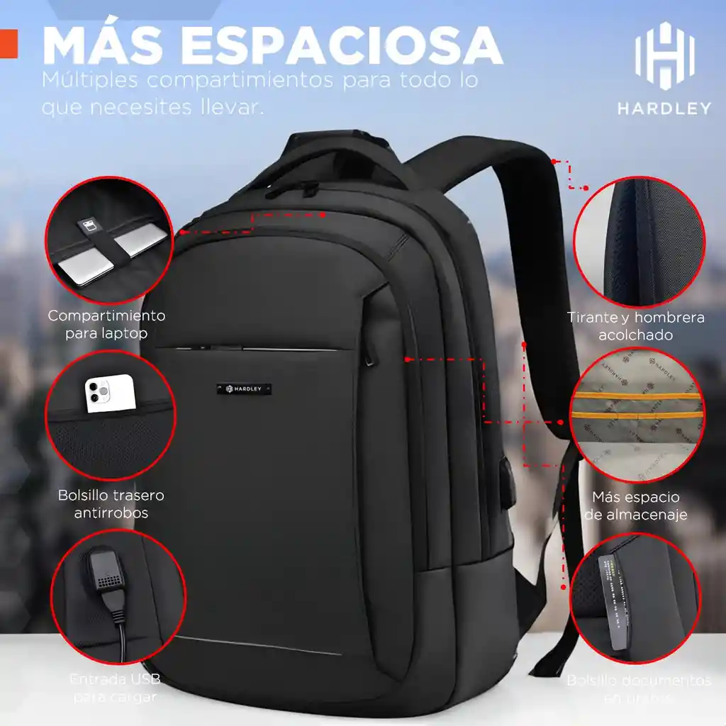 Bolso Morral Portail Hardley Puerto Usb + Bolsillo Seguridad