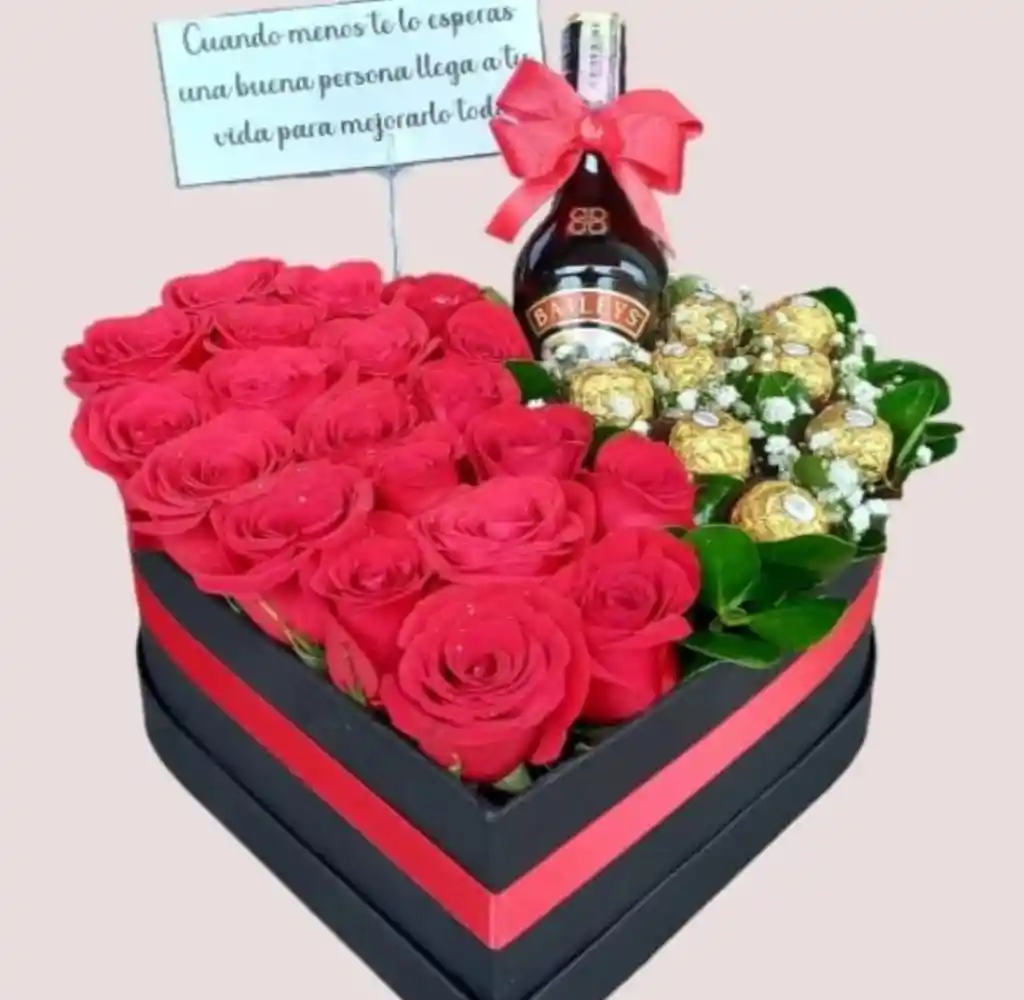 Caja Corazon Rosas, Beileys, Chocolates