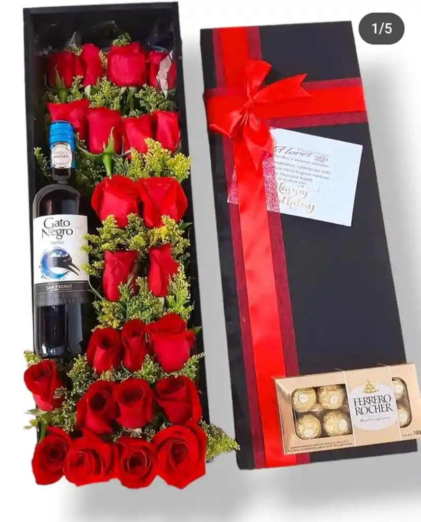 Caja 24 Rosas, Vino Y Chocolates