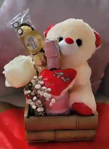 Caja Peluche, Champaña, Chocolates Y Rosa