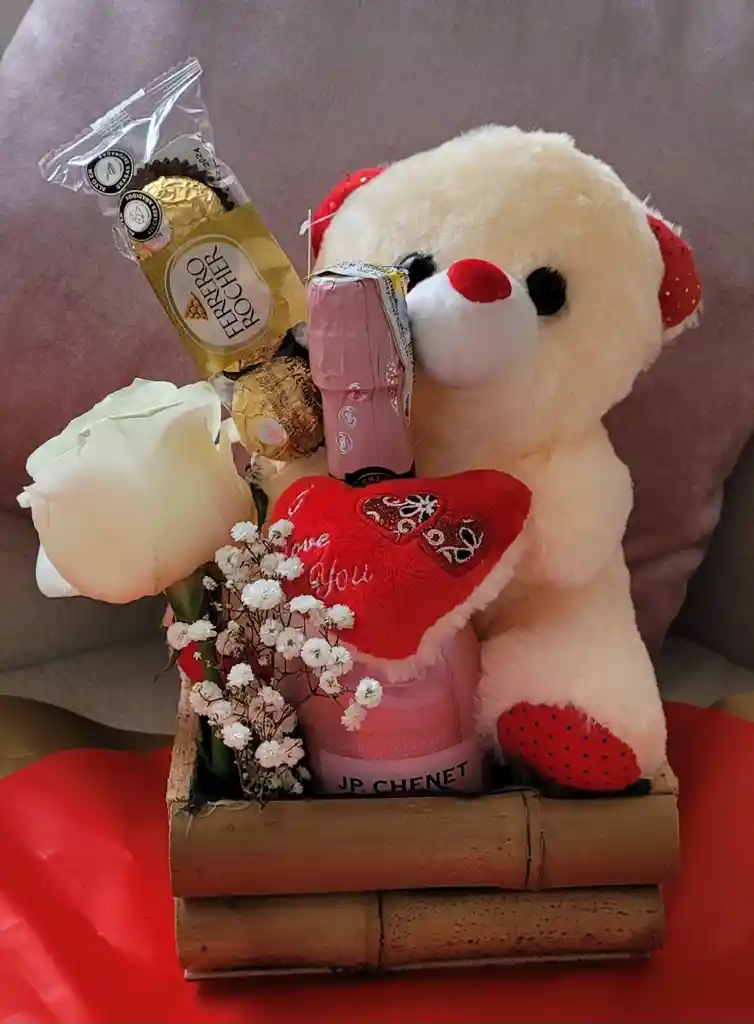 Caja Peluche, Champaña, Chocolates Y Rosa