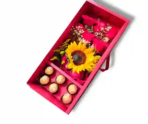 Caja De Rosas Chocolates Y Girasol