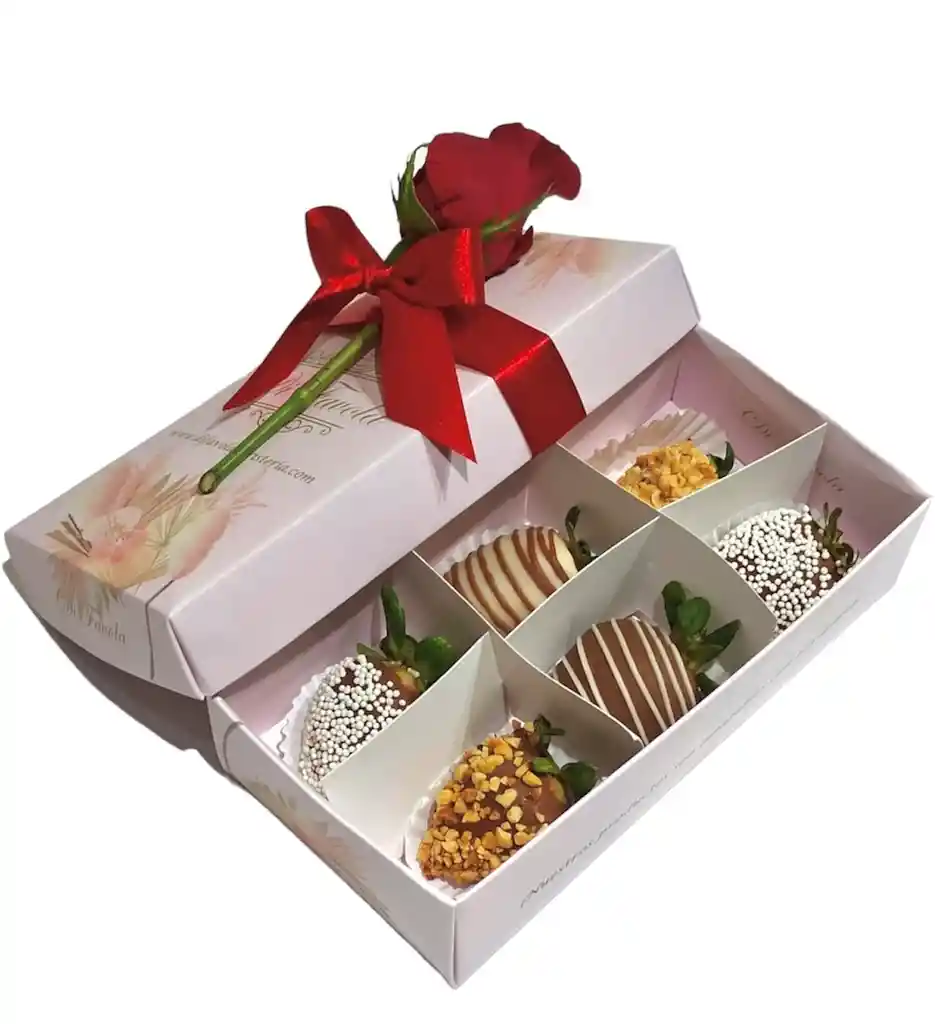 Caja X 6 Fresas Con Chocolate Y 1 Rosa. Hermosa Caja Femenina