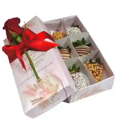 Caja X 6 Fresas Con Chocolate Y 1 Rosa; Especial Dìa De La Madre