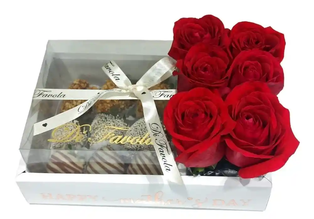 Arreglo De Rosas Rojas Y Fresas Con Chocolate Para Mamá