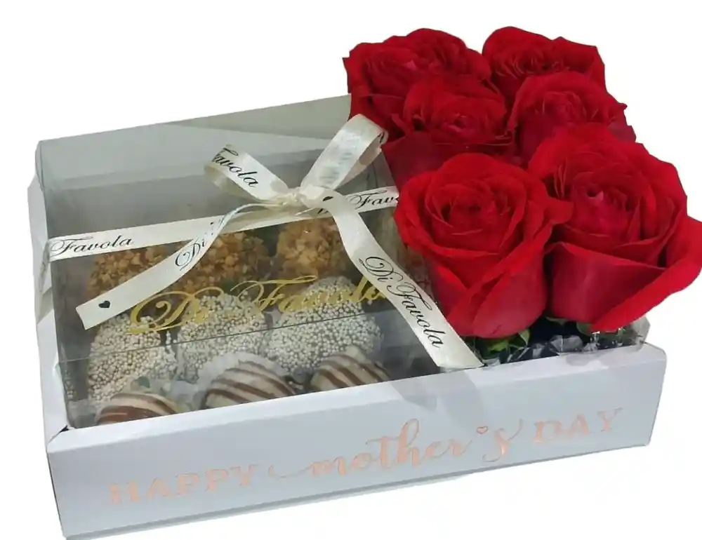 Arreglo De Rosas Rojas Y Fresas Con Chocolate Para Mamá