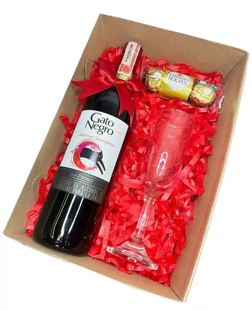 Regalo Sorpresa Vino Gato Negro 750 Ml Con Copa - Chcocolates Ferrero