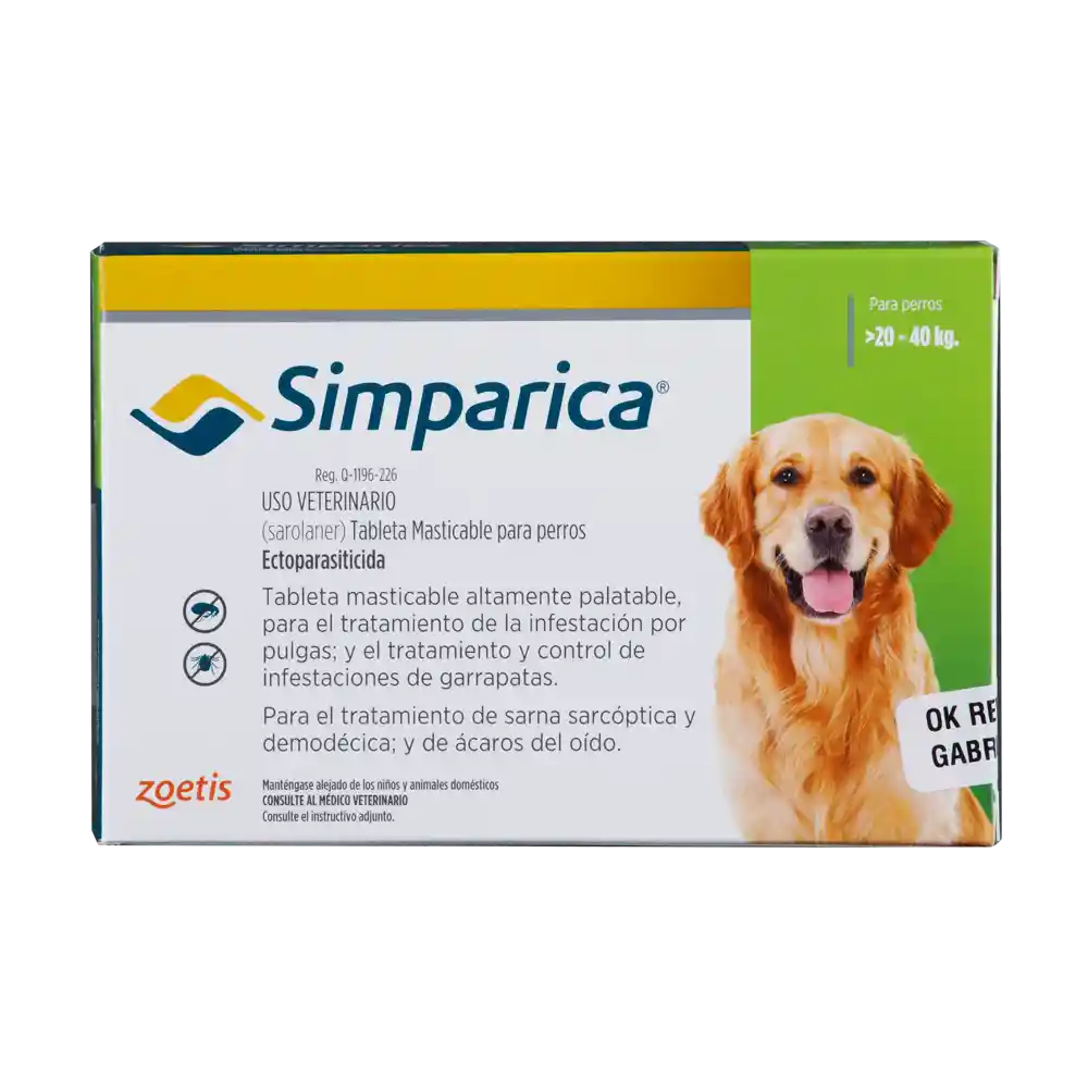 Antiparasitario Externo Para Perro Simparica 20 A 40 Kg