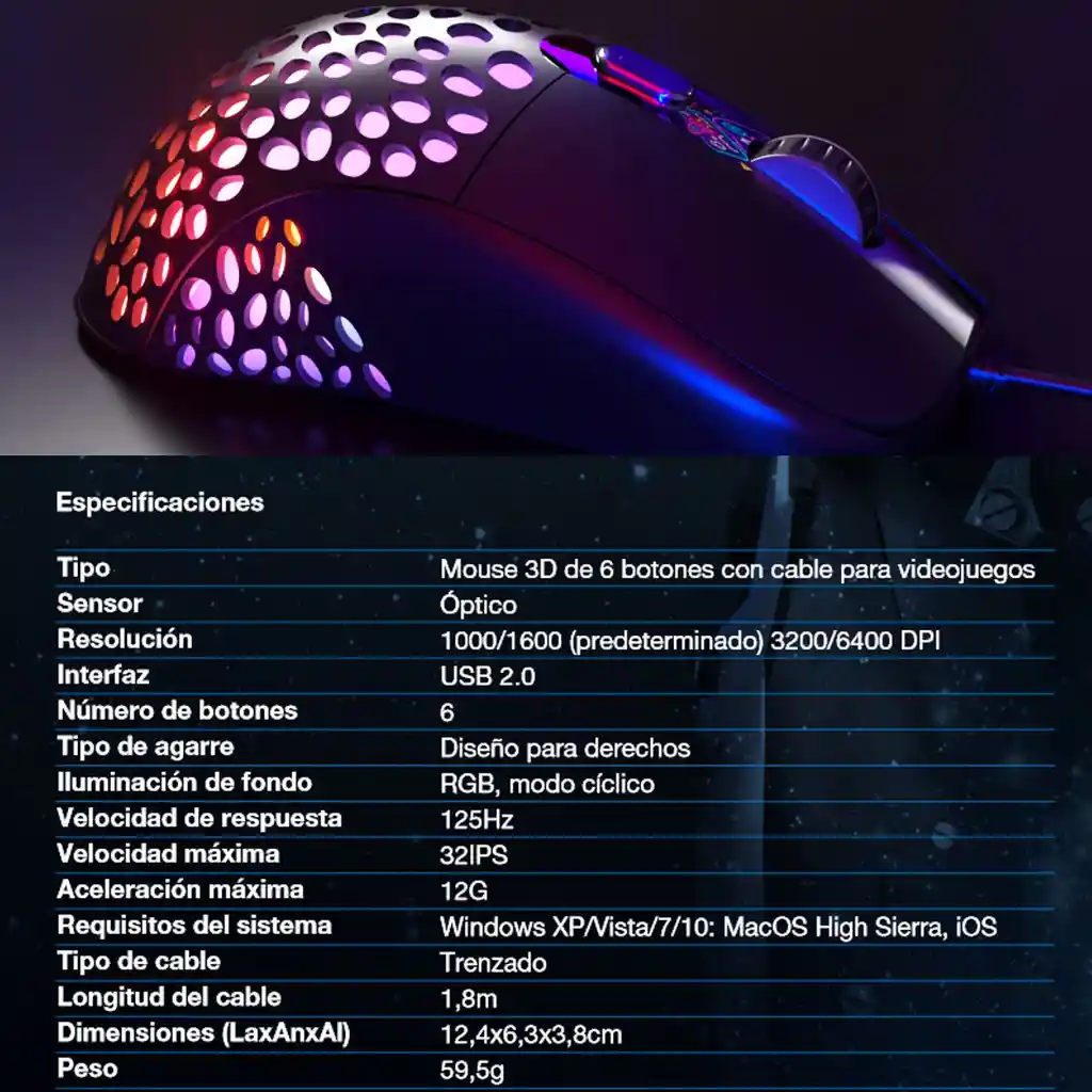 Mouse Gamer Xtech Xtm-910 Swarm, Rgb / 6 Botones / 6400dpi
