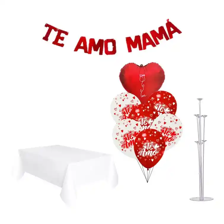 Kit Dia De Las Madres Mantel Globos Corazones Mama