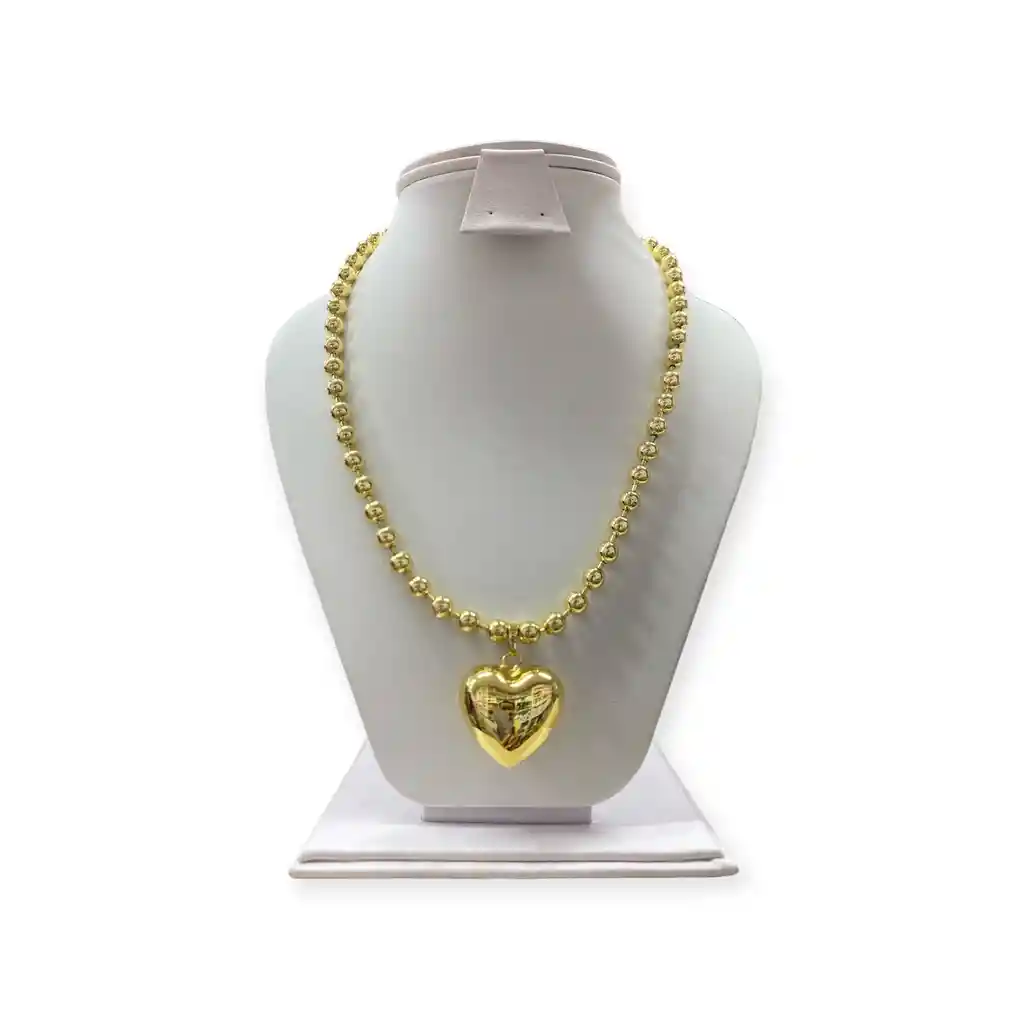 Collar Grueso De Bolas Con Dije Corazón Grande En Rodio Dorado