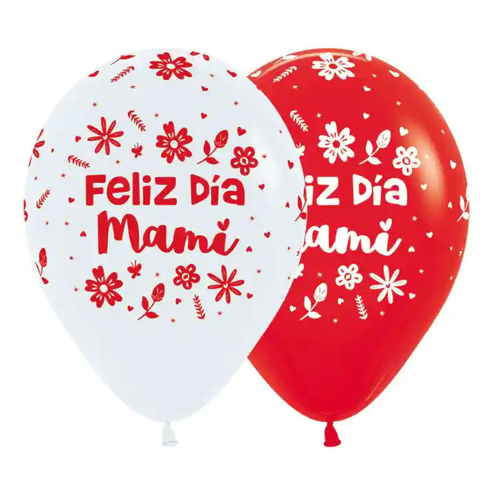 Globos R12 Feliz Dia Mami Flores Surtido Rojo Blanco X 12