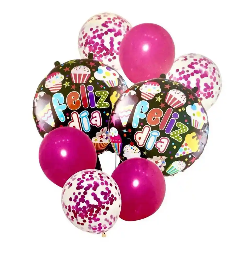 Globos Metalizado Bouquet 8 Piezas Feliz Dia Rosado/negro