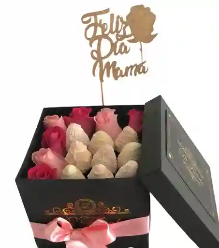 Detalle Para Mamá Con Fresas Con Chocolate Y Rosas. Topper; Happy Mother's Day