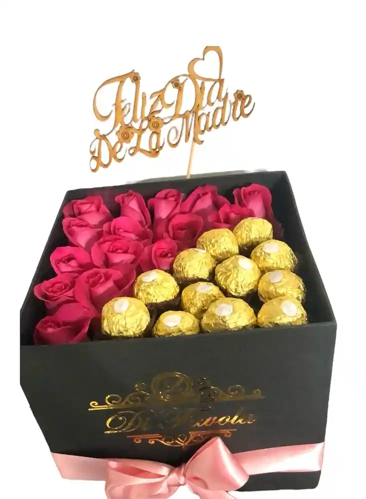 Caja De Rosas Elegante Para Mama Con Chocolates Ferrero