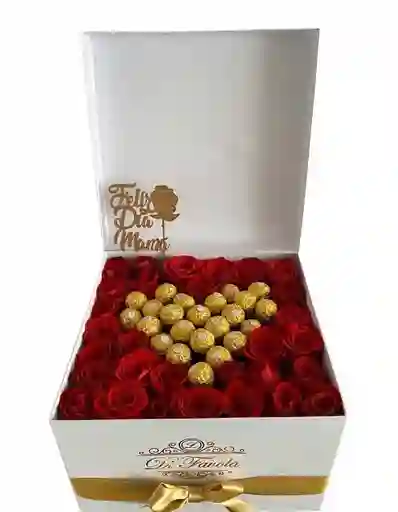 Hermosa Caja De Rosas Para Mamita, Elegante, Rosas Rojas Y Ferrero Rocher