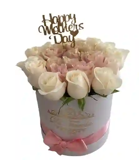Cilindro Blanco De Rosas Rosadas Y Blancas. Happy Mothers Day