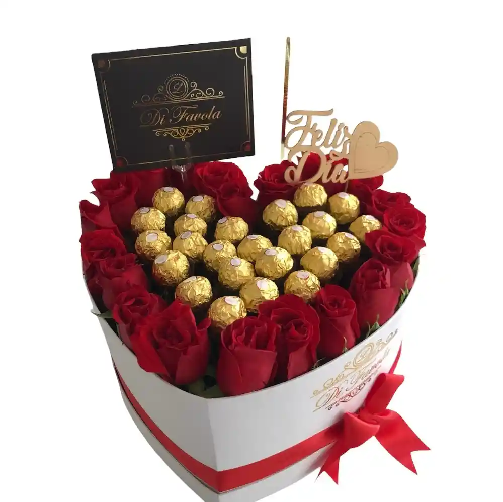 Caja De Rosas En Forma De Corazon Con Chocolate Y Con Globo De Corazon