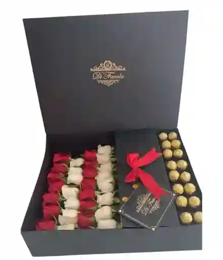 Caja Tipo Libro Elegante; Dia De La Madre + Ferrero Rocher. Rosas Blancas Y Rojas