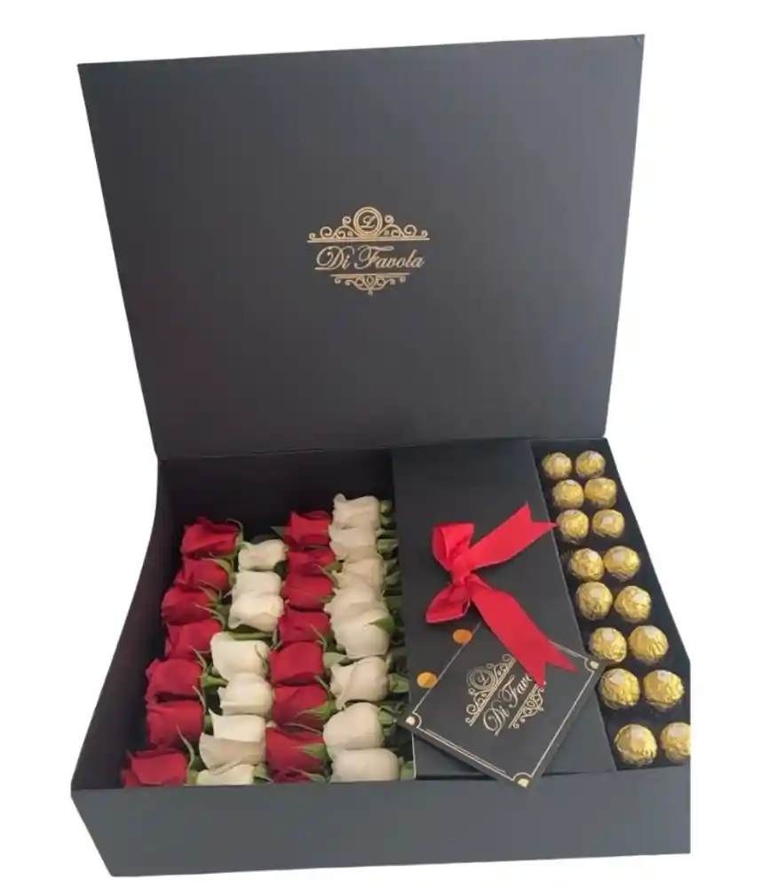 Caja Tipo Libro Elegante + Ferrero Rocher. Rosas Blancas Y Rojas