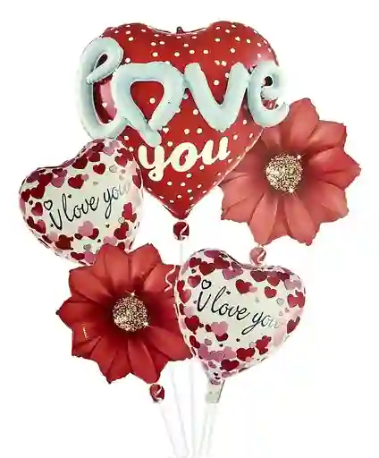 Bouquet Globos Metalizados 5 Piezas Love You 3d - Amor Y Amistad San Valentín Madres