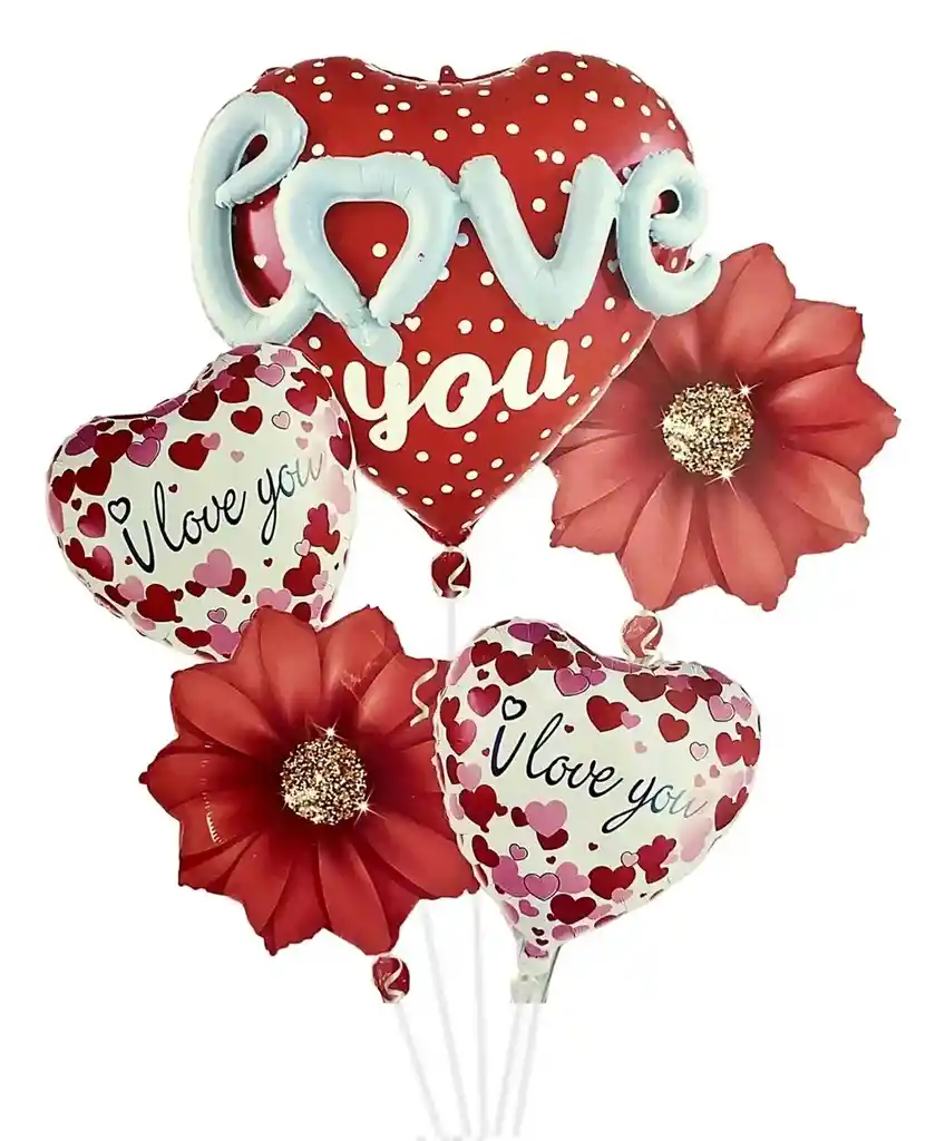 Bouquet Globos Metalizados 5 Piezas Love You 3d - Amor Y Amistad San Valentín Madres