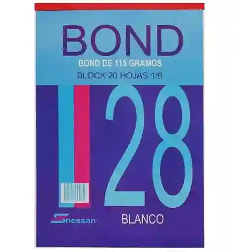 Block Papel Bond Grueso 115 Gramos, Octavo X 20 Hojas Blanco