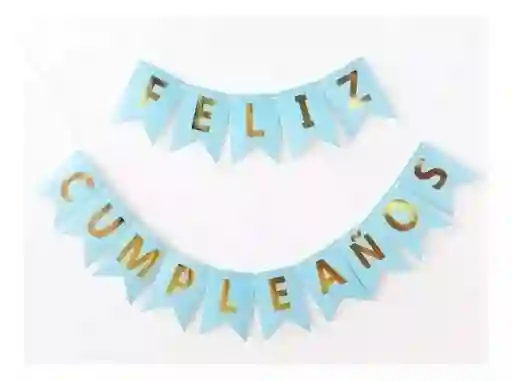 Banderin Feliz Cumpleaños Azul Claro Mate - Letras Doradas