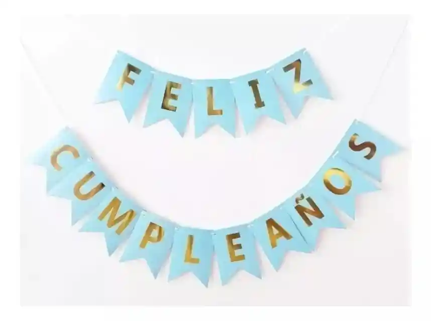 Banderin Feliz Cumpleaños Azul Claro Mate - Letras Doradas