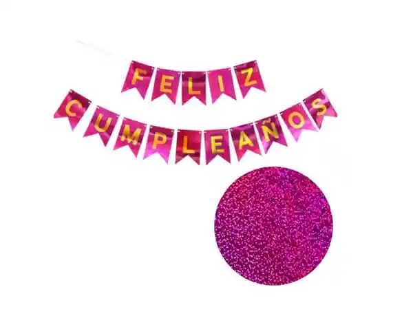 Banderin Feston Feliz Cumpleaños Fucsia Brillante En Holograma Letras Doradas