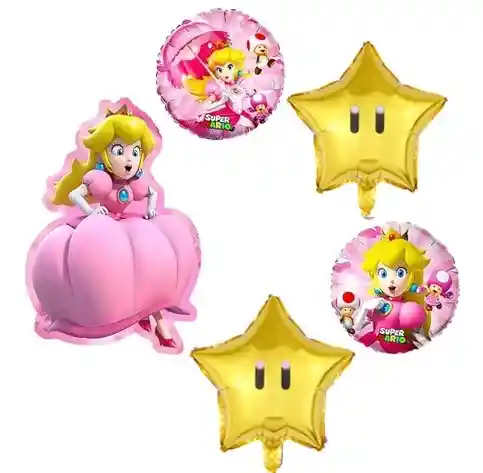 Bouquet Globos Metalizados 5 Piezas Princesa Peach Mario Bross