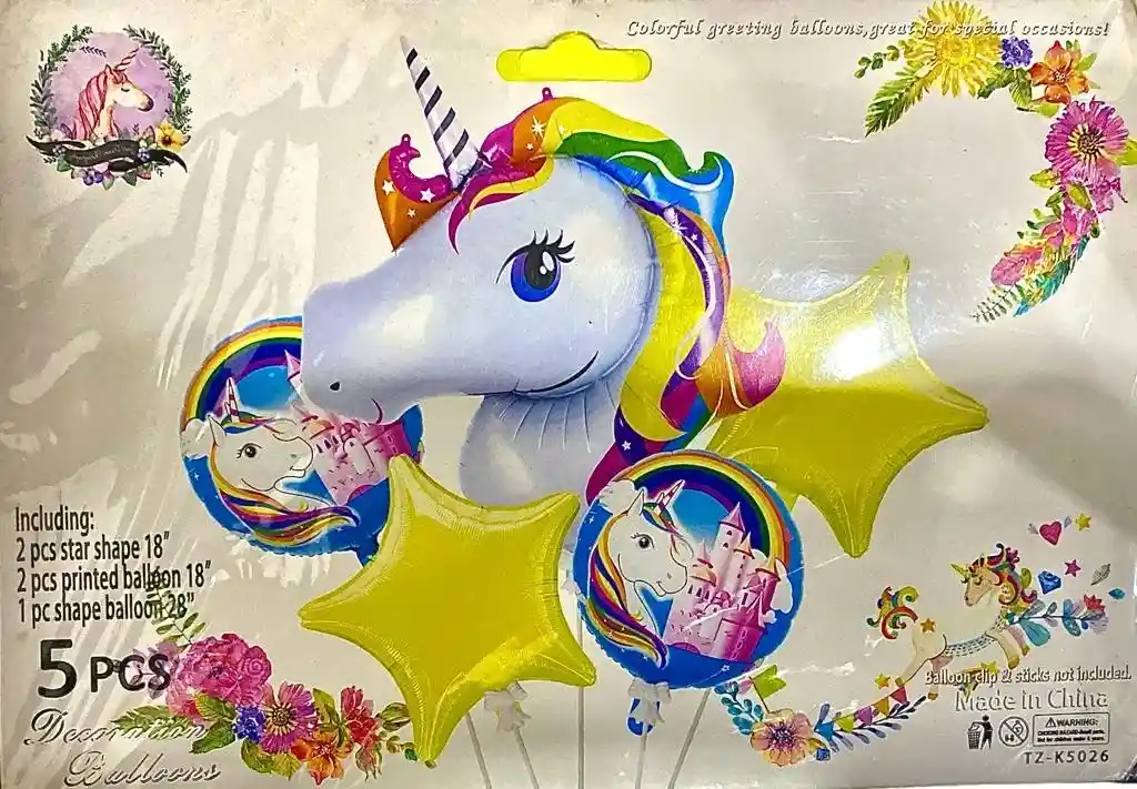 Bouquet Globo Metalizado 5 Piezas Unicornio Colores Vivos