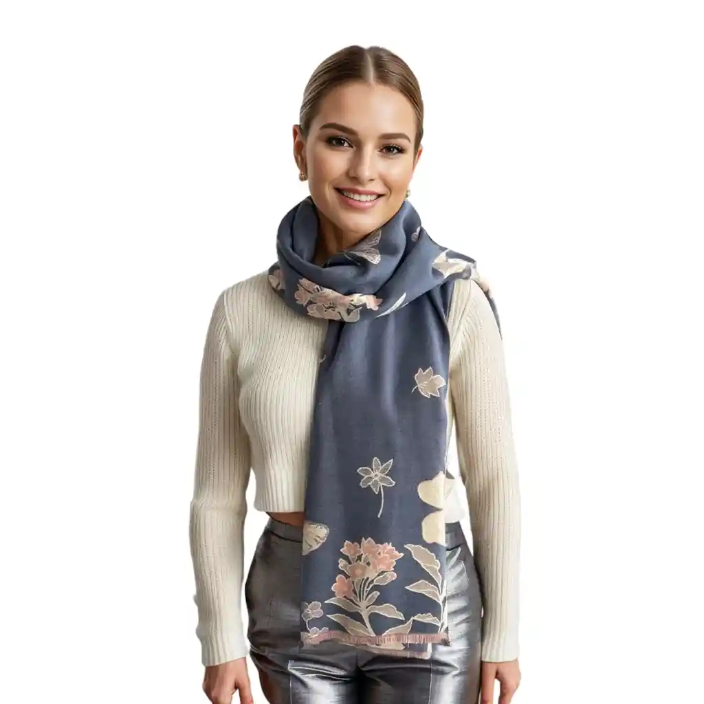 Pashmina Bufanda Chal Azul Crema Flores Doble Faz