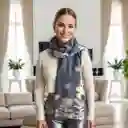 Pashmina Bufanda Chal Azul Crema Flores Doble Faz